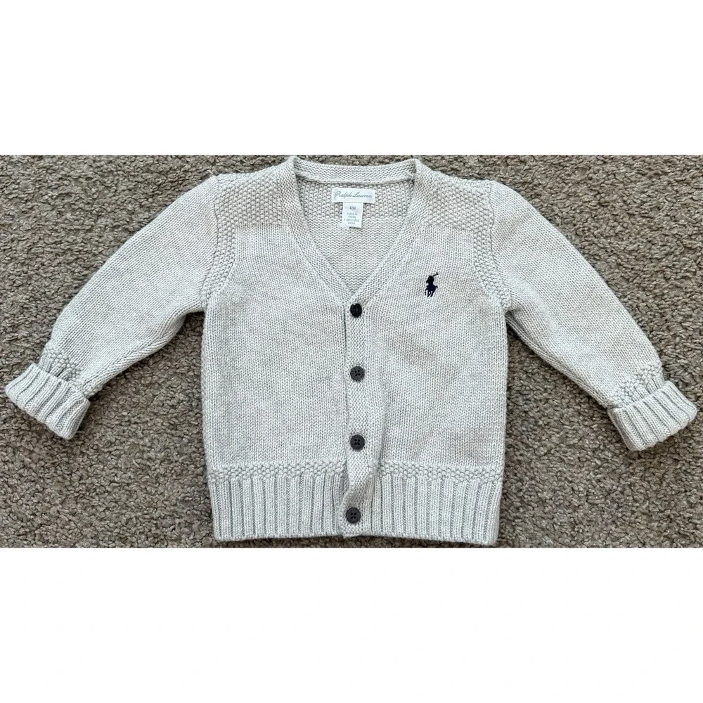 Polo Ralph Lauren Baby Boys Combed Cotton V-Neck Cardigan Gray Size 12 M - Picture 1 of 8